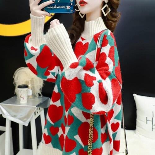 Autumn Winter Womens Pullovers O-Neck Heart Pattern Sweater Long Sleeve 2021 New Plus Size Loose Casual Female Clothes