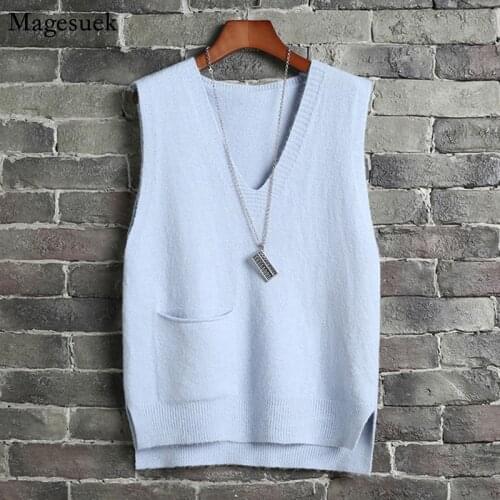 2021 New Sleeveless Loose Women Pullover Sweaters Knitted Vest Sweater Women Autumn Clothes Korean Solid V Neck Knit Vest 16056