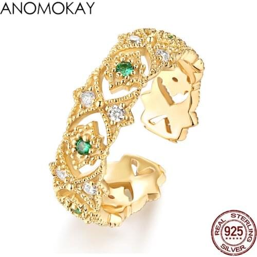 Anomokay Classic Gold Color Hollow Lace Flower Rings for Women Lovers Mom Fashion Gift 100% Sterling 925 Silver Rings with CZ