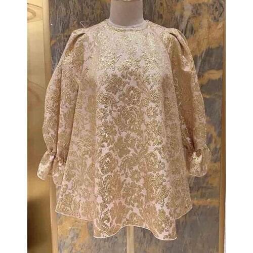 Pullovers Dress Women Short 2021 Early Spring Long Sleeve Doll Dress Gold Jacquard Lantern Sleeve Vintage Pullover