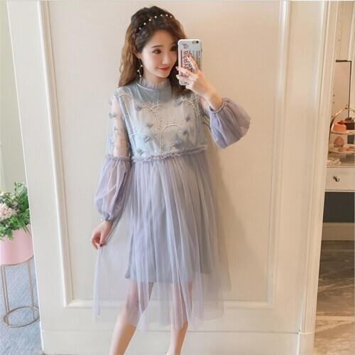 Fashion hot mom maternity dress 2019 spring and autumn new long-sleeved embroidered dress lace mesh skirt pregnant women dress