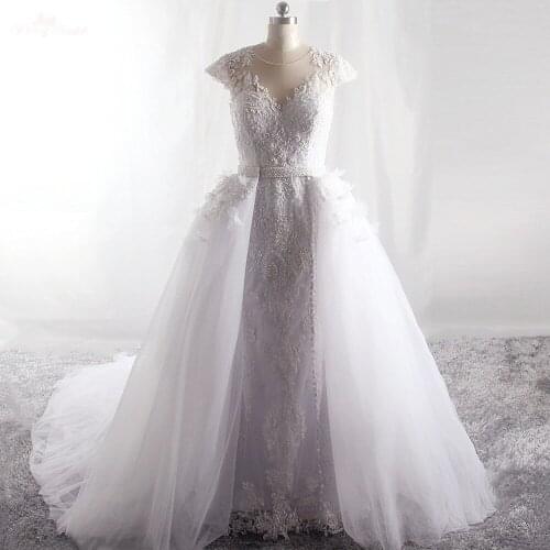 LZ425 Real Pictures Elegant Vestido De Noiva 2 In 1 O Neckline Cap Sleeve Detachable Skirt Ivory Lace Mermaid Wedding Dresses