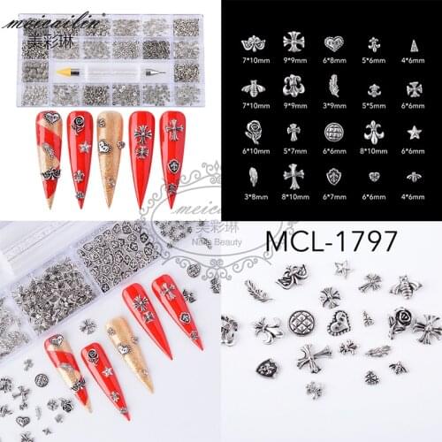 1000Pcs/Set Japanese Nail Art Decorations 3D Punk Metal Retro Rivet Gold Silver Bee Rose Cross Heart Alloy Jewelry Manicure Tool