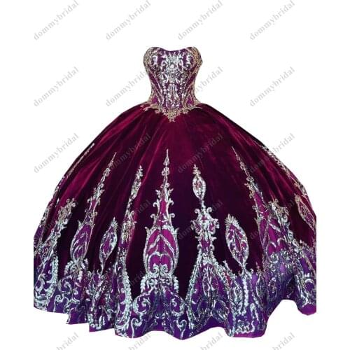 2021 Luxurious Burgundy Velvet Gold Sequined Lace Embroidery Ball Gown Quinceanera Sweet 15 Dresses Formal Graduation Evening