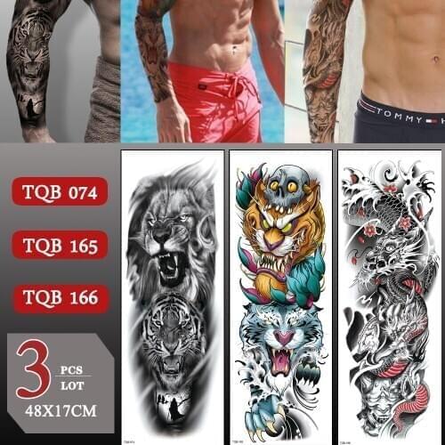 3 pcs/lot Full Arm Waterproof Lion Tiger Temporary Tattoo Sticker Large Arm Sleeve Fake Tattoos For Men Women Arm Leg Sticker