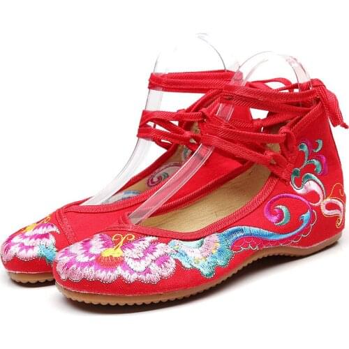 YourSeason Chinese Style Ladies Ankle Strap Cotton Shoes Floral Embroidered Vintage Women Soft Canvas Ballet Flats Zapatos Mujer