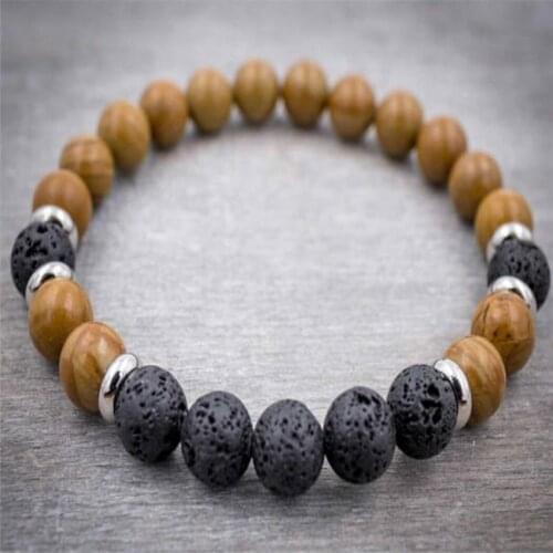 8mm Wood Grain Stone Volcanic Gemstone Mala Bracelet Bead Wrist Cuff Spirituality Energy Buddhism Unisex Men 7.5inches