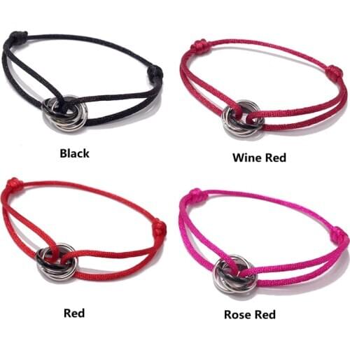 Top Simple 15 Colors Rope With Silver Biack Stainless Steel Trinity Circles Bracelet Bracelets for Men Women Fashion Jewelry