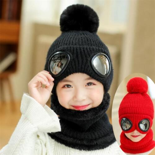 2019 Short Plush Inlayer Knit Hat And Scarf Set Child Winter Warm Pom Pom Cap Scarves Kids Pilot Aviator Hat Girls 2-8T W Women