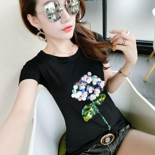 Summer Tees Cotton Tops Woman T-shirt Flower Sequined Tee Shirt White Kawaii Short Sleeve Tshirt Women Clothes New 2021 Black
