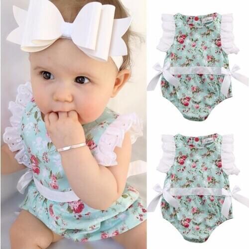 Newborn Infant Baby Girls Cute Pretty Romper Short Petal Sleeve Floral Print Lace Bowknot Summer Jumpsuits Romper