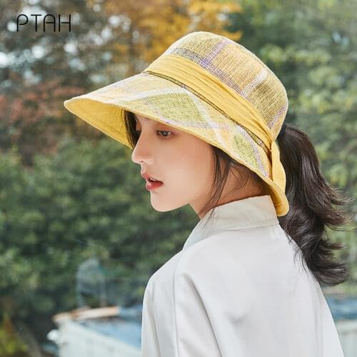 [PTAH] Summer New Womens Bucket Hats Anti-UV Breathable Hats Ponytail Bow Plaid Cap Cloth Comfort Cap Foldable Windproof Rope