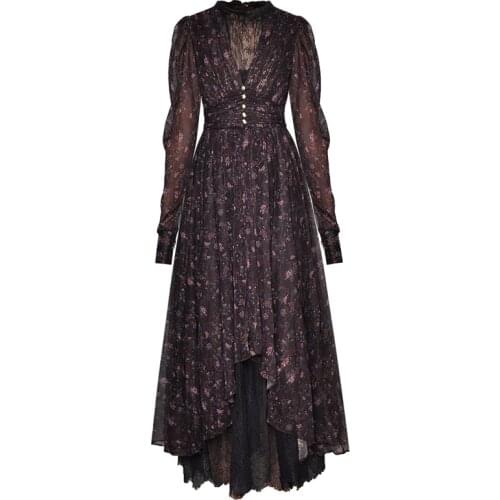 Janeyiren Fashion Designer dress Spring Womens Dress Long sleeve Ruched Floral-Print Lace Asymmetrical Vacation Dresses