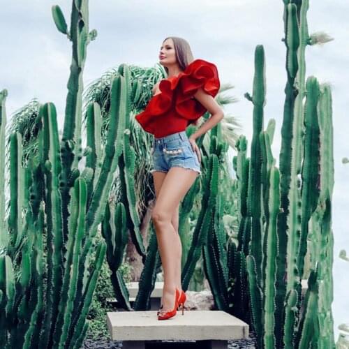 Fashion Sloping Shoulder Lotus Leaf Lace Solid Color Slim Pants for Women Skinny Ruffles Mesh Solid Color Bodysuits