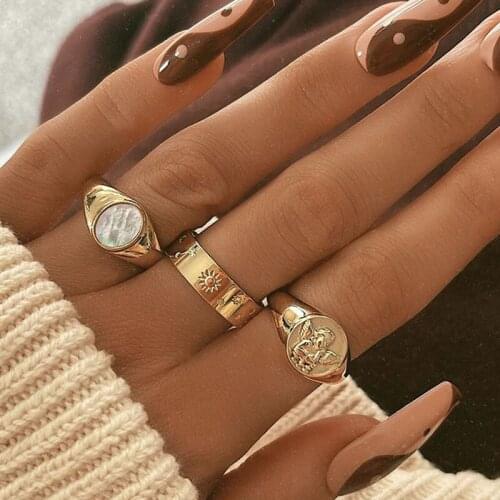 Fashion Vintage Gold Carved Flower Angel Rings Set Geometric Gem Finger Rings for Women Party Jewelry Gifts
