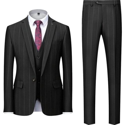 Fashion Business Striped Suit Mens 3Piece Set Black Grey Slim Fit Men Formal Wedding Suits High Quality Blazer and Pant & Vest