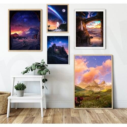 Printed Waterfall Canvas Painting Modular Castle Pictures Landscape Poster Modern Home Decor For Living Room Wall Art No Frame