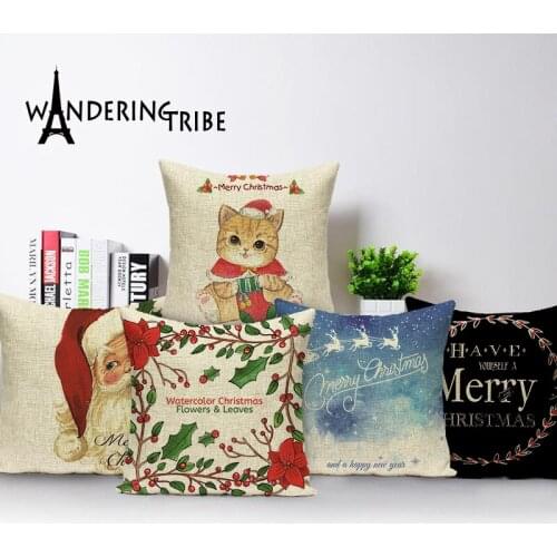2018 New Arrival 45x45 Cotton Linen Cushion Cover interest Santa Claus Print custom Soft Pillow Seat Cushion Square Cojines