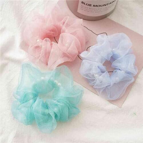 New spring and summer Korean net yarn pearl hair ring super fairy French large intestine ring net red hair rope hair accessories