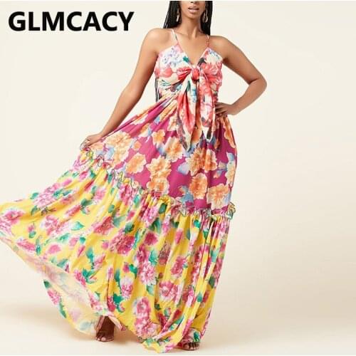 Spaghetti Strap Floral Printed Maxi Dress Tie Front Summer Boho Beach Party Dress
