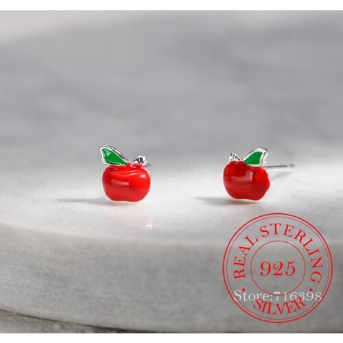 925 Sterling Silver Enamel Apple Shape Stud Earrings for Women Girls Gift Fashion Wedding Jewelry Bijoux Pendientes