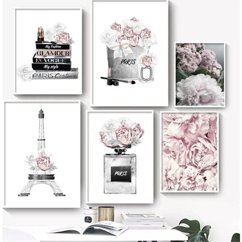 Nordic Posters And Prints Paris Tower Pink Peony Perfume Books Wall Canvas Painting Art Wall Pictures For Living Room Home Decor