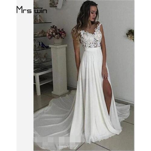 Mrs win Wedding Dress V-neck Lace Wedding Dresses Sleeveless Split Hem Vestido De Noiva Plus Size Train Bridal Ball Gowns HR021