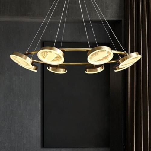 LED Copper Pendant Chandelier Bedroom Living Dining Room Bar Kitchen Postmodern New Hanging Lamp Luxury Embossed Glass Luminaire