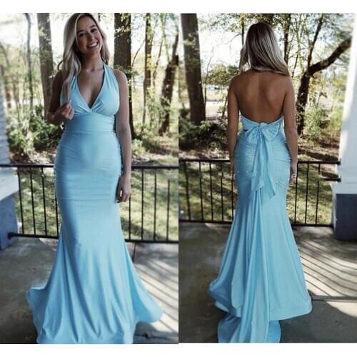 YiMinpwp Light Sky Blue Mermaid Prom Dresses Halter Backless Sweep Train Tie Long Formal Evening Party Gowns vestidos de fiesta