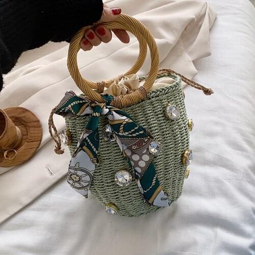 Women Summer Straw Handbag Retro Woven Bucket Bag Vacation Beach Diamond Female Drawstring Handbag With Scarf ZD1781