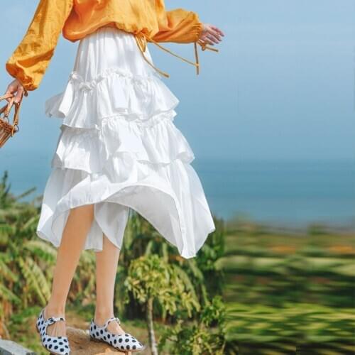 Summer Skirt Young Preppy Style Women Ruched Ruffles Long Skirts A-line Elastic Waist White Blue feminino Faldas Saias Jupe 2020