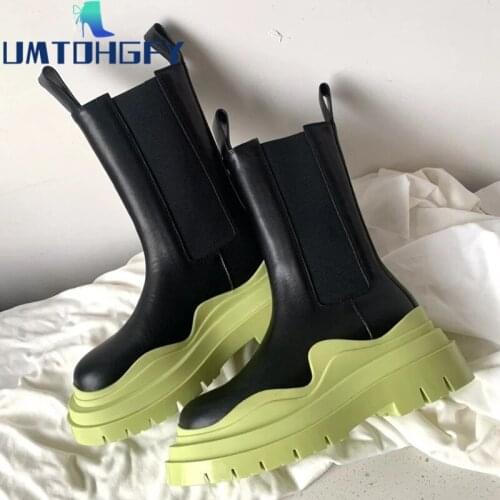 2022 Hot 34-44 Womens Genuine Leather Colored Green Thick Bottom Chelsea Shoes Short Runway Ankle Boots Autumn Winter Fur Warm