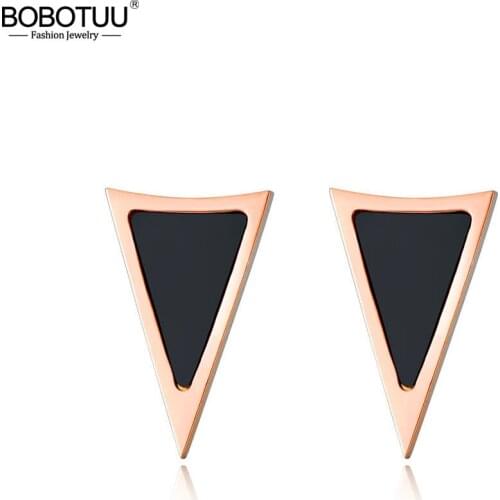 BOBOTUU Classic Triangle Black Shell Stud Wedding Earrings For Women Stainless Steel Female Earrings Jewelry Brincos BE17052