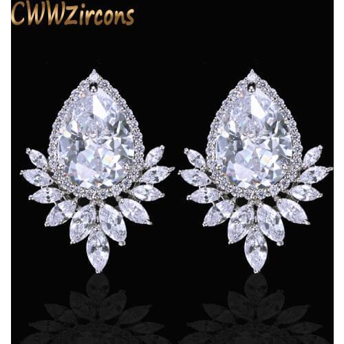 CWWZircons Brand Trendy Diamante Women Ear Jewelry Silver Color Sparkling Big Teardrop Cubic Zirconia Earrings CZ377