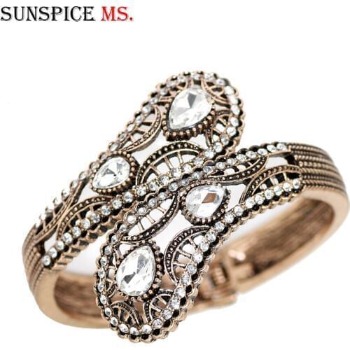 SUNSPICE MS Antique Gold Color Water Drop White Crystal Vintage Cuff Bracelet for Women Turkish Ethnic Festival Wrist Jewelry