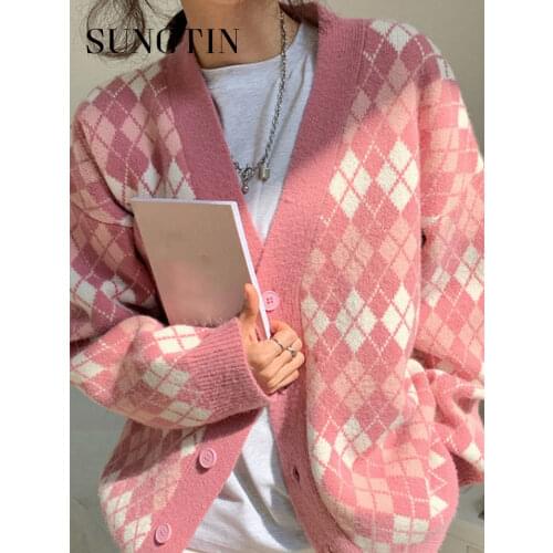 Sungtin Korean Argyle Knitted Cardigan Women Vintage Chic Oversized Sweater Jacket Female Casual Jumpers Coat Boyfriend 3 Colors