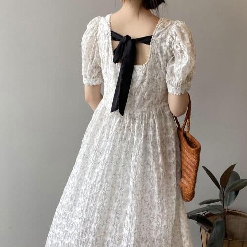 Womens Square Collar Floral Dress 2021 Summer New Heavy Industry French Sweet Puff Sleeve A- line Dress
