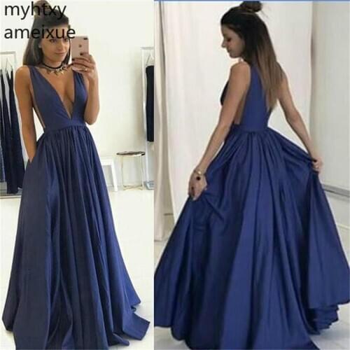 Simple Sexy Cheap Royal Blue Evening Dresses Floor Length Sleeveless Prom Dress V-neck Pocket Gowns Custom Made Robe De Soiree