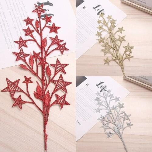 1pc Artificial Christmas Tree Branches Glitter Gold Silver Red Color Star Leaves Christmas Tree Decorations Party Decor Supplies