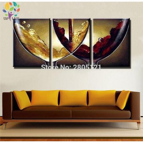 100% Hand made 3 panel Abstract Group Painting cheers time Home Decoration Wall Art wine cup glass Abstract Painting On Canvas