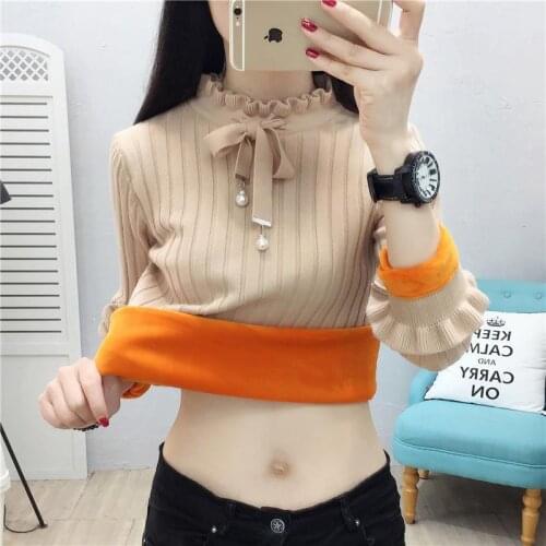 2021 Women Aurumn Winter New Casual Plus Velvet Knitted Tops Female Sweater Knitwear Tops Ladies Warm Solid Color Pullovers P407