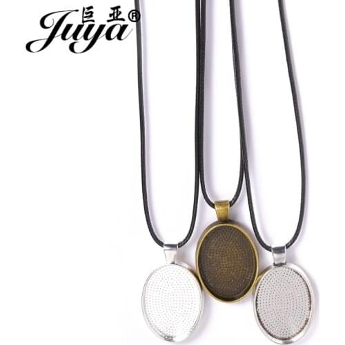 3PCS Oval Pendant Cabochon Base Settings With Black Leather Rope 45cm Chains For Making Jewelry DIY Necklace Handmade jewellery