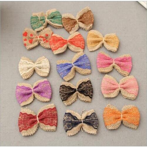 50pcs/Lot 6cm Handmade Natural Jute Lace Burlap Hessian Bowknot Bows for Wedding Party DIY Hair Bow Hat Craft Accessories
