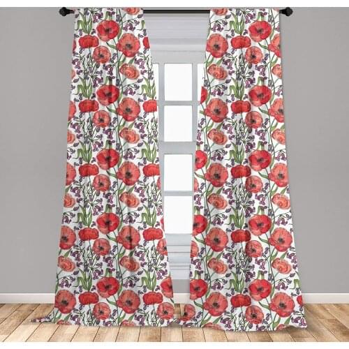 Watercolor Flowers Window Curtains Poppy Blossoms Burgeoning Flourish on Ornamental Field Garden Lightweight Decorative
