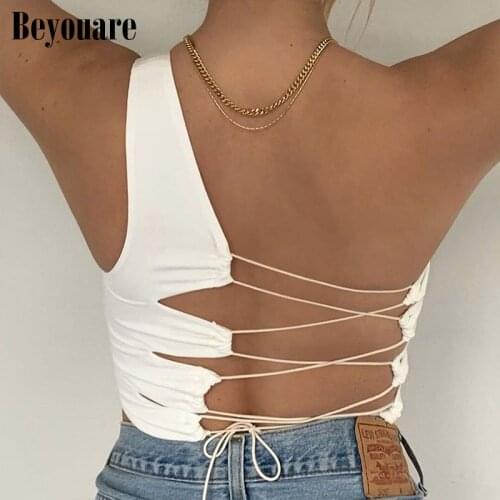 Beyouare sexy backless one shoulder tank tops women summer criss cross bandage clubwear casual tops hollow out sleeveless tank