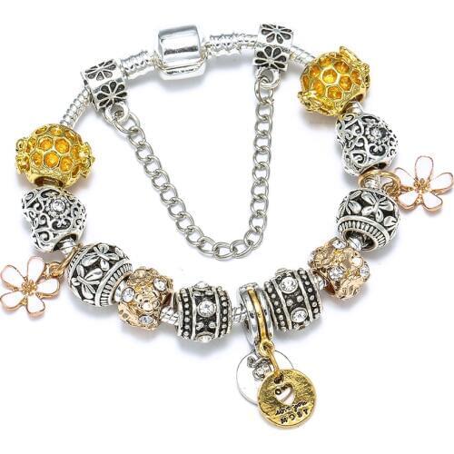 Seialoy Golden Love Charms Bracelets For Women Men Original Flower Angel Butterfly Beehive Beaded Bracelet Bangle Child Jewelry