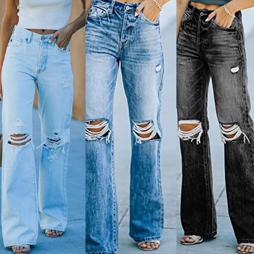 DIFUIPAI Womens Pants High Waist Casual Washed Ripped Denim Jeans Long Infinite Stretch Wide-leg Loose Vintage Female Trousers