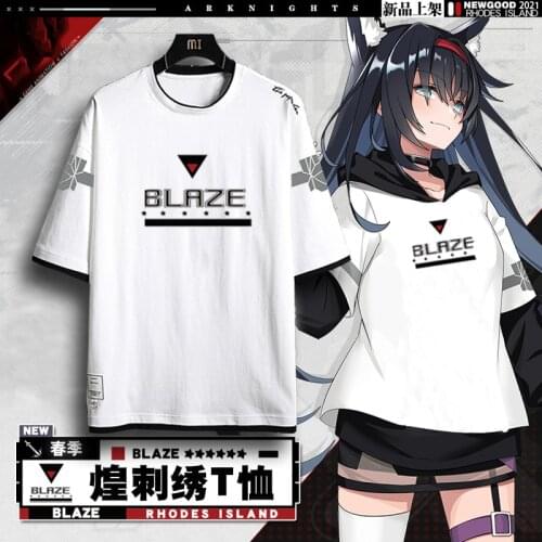 Game Arknights Blaze Cosplay Casual couple short sleeve Fake Hooded Korean T-Shirt Tops Fashion Set Autumn embroidery clothes