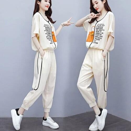 Cotton Linen Suit Womens Summer 2021Set New Style Leggings Trousers Letter Printing Ice Silk Linen Female Two-Piece T-Shirt 695