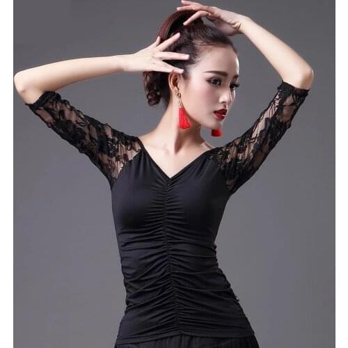 Latin Dance Top Womens Autumn New Lace Sleeves Adult Training Clothes V-neck Modern Ballroom Dancing Clothes